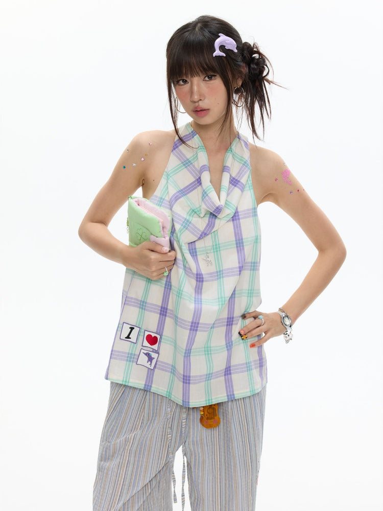 I Love Dolphin Plaid Cute Hanging Neck Shirt【s0000017611】