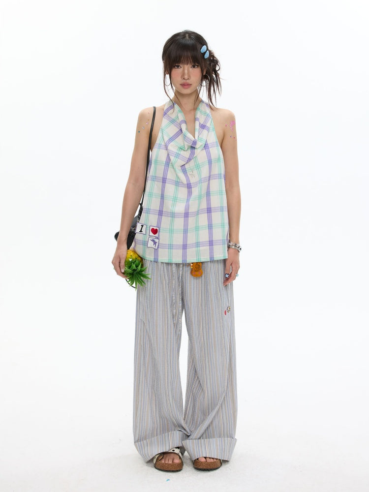 I Love Dolphin Plaid Cute Hanging Neck Shirt【s0000017611】