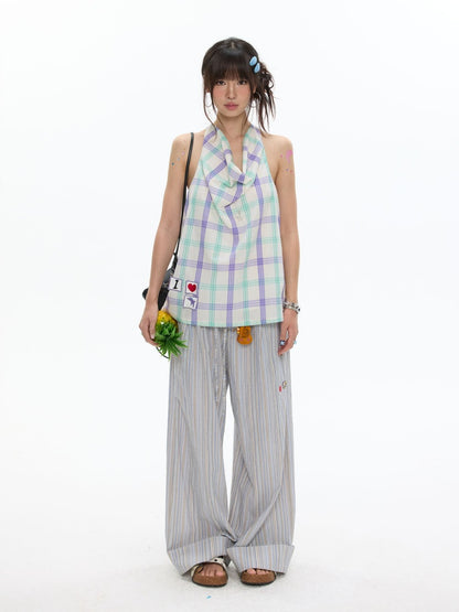 I Love Dolphin Plaid Cute Hanging Neck Shirt【s0000017611】