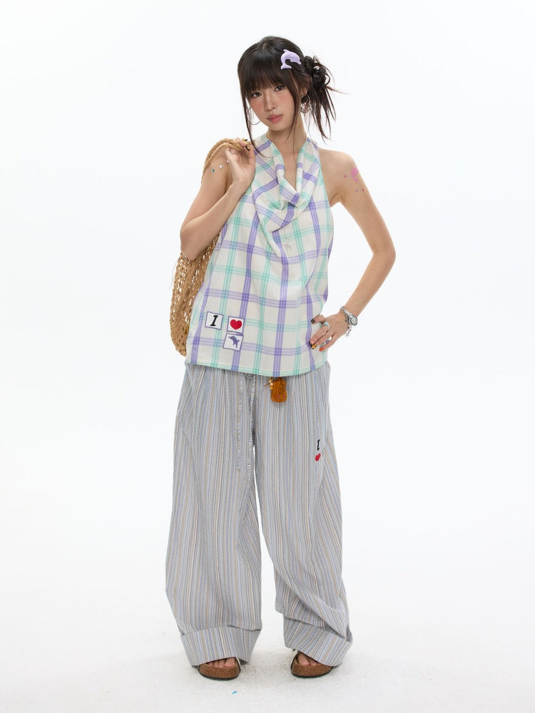 I Love Dolphin Plaid Cute Hanging Neck Shirt【s0000017611】