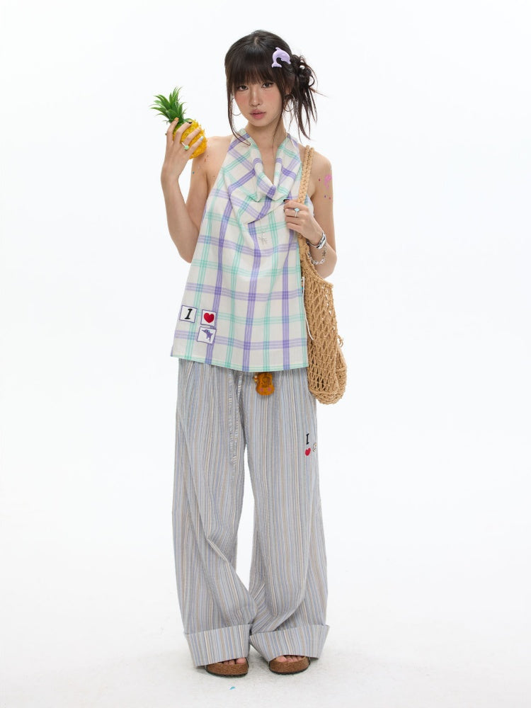 I Love Dolphin Plaid Cute Hanging Neck Shirt【s0000017611】