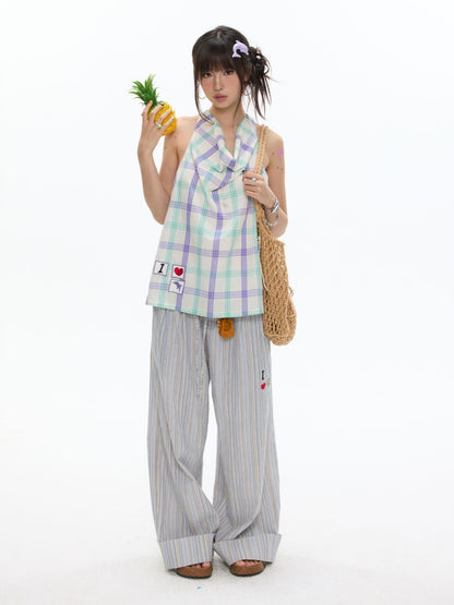 I Love Dolphin Plaid Cute Hanging Neck Shirt【s0000017611】