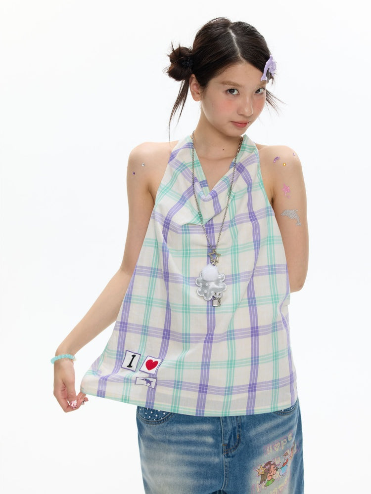 I Love Dolphin Plaid Cute Hanging Neck Shirt【s0000017611】