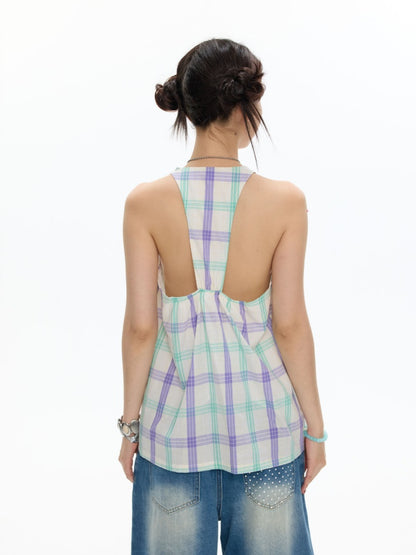 I Love Dolphin Plaid Cute Hanging Neck Shirt【s0000017611】