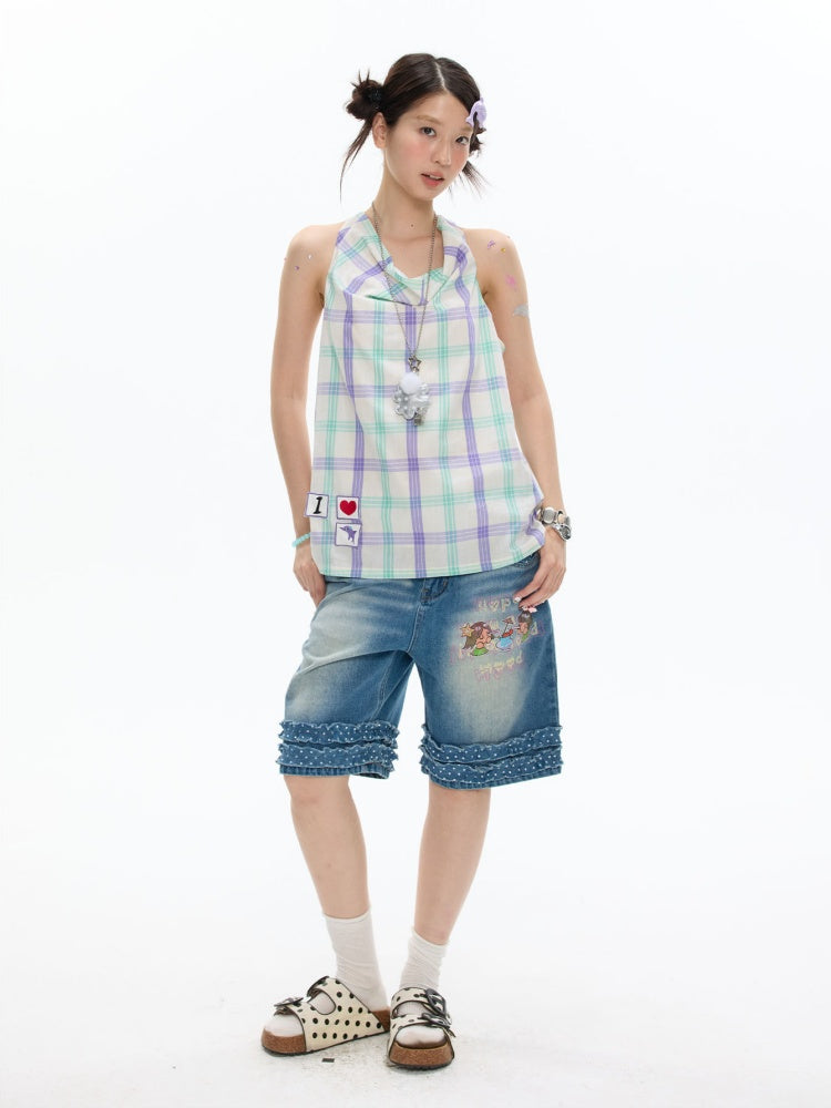 I Love Dolphin Plaid Cute Hanging Neck Shirt【s0000017611】