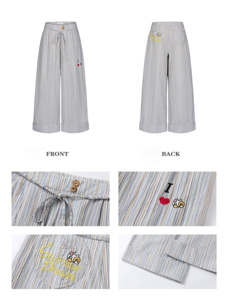 Relaxed Striped Embroidery I Love Kitten Shirt Long Pants【s0000017613】