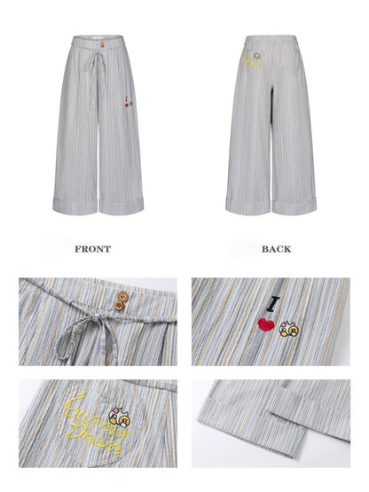 Relaxed Striped Embroidery I Love Kitten Shirt Long Pants【s0000017613】