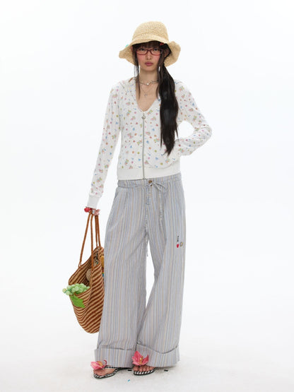 Relaxed Striped Embroidery I Love Kitten Shirt Long Pants【s0000017613】