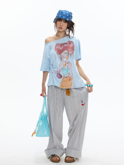 Relaxed Striped Embroidery I Love Kitten Shirt Long Pants【s0000017613】