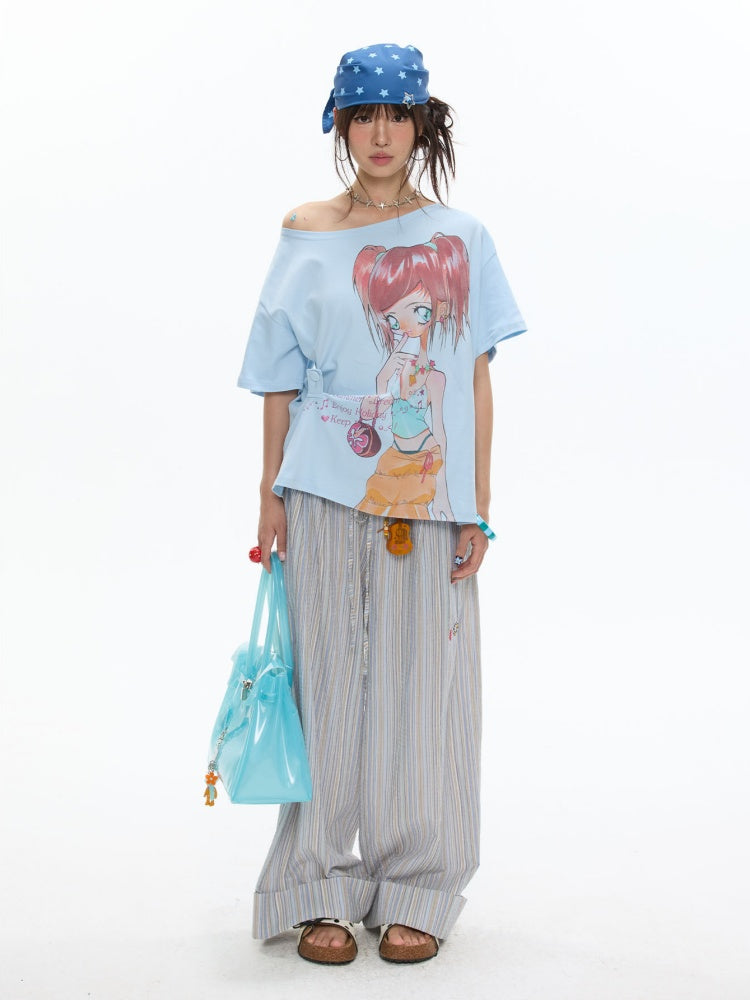 Relaxed Striped Embroidery I Love Kitten Shirt Long Pants【s0000017613】