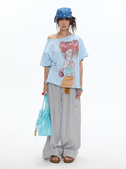 Relaxed Striped Embroidery I Love Kitten Shirt Long Pants【s0000017613】