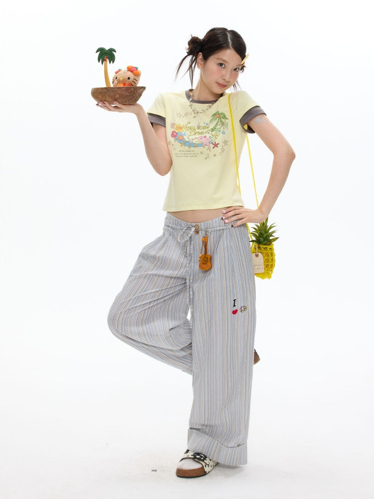 Relaxed Striped Embroidery I Love Kitten Shirt Long Pants【s0000017613】