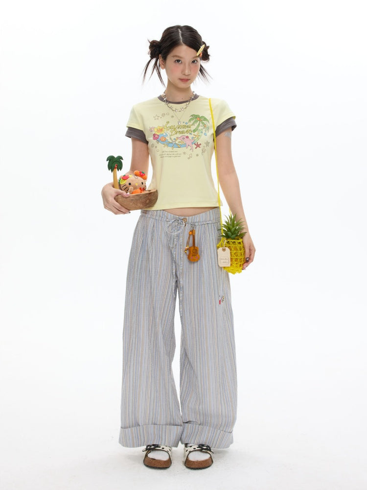 Relaxed Striped Embroidery I Love Kitten Shirt Long Pants【s0000017613】