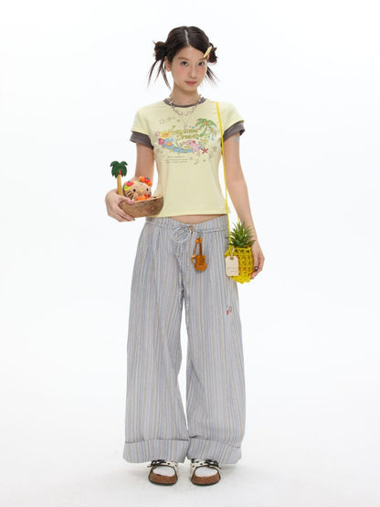 Relaxed Striped Embroidery I Love Kitten Shirt Long Pants【s0000017613】