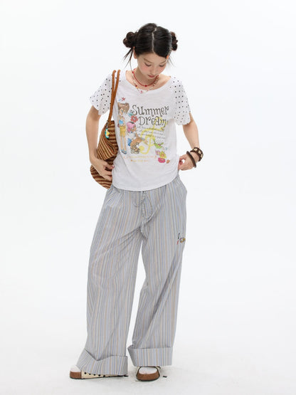 Relaxed Striped Embroidery I Love Kitten Shirt Long Pants【s0000017613】