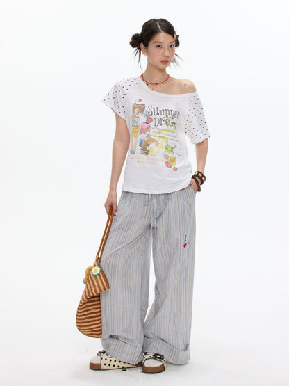 Relaxed Striped Embroidery I Love Kitten Shirt Long Pants【s0000017613】