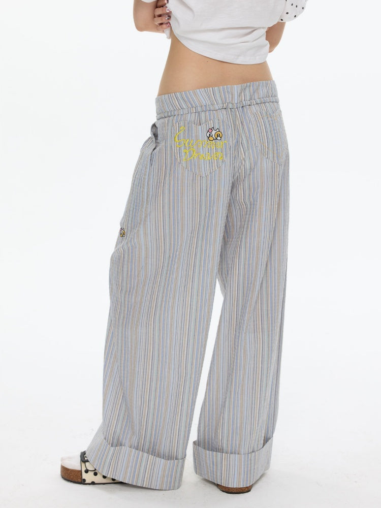 Relaxed Striped Embroidery I Love Kitten Shirt Long Pants【s0000017613】