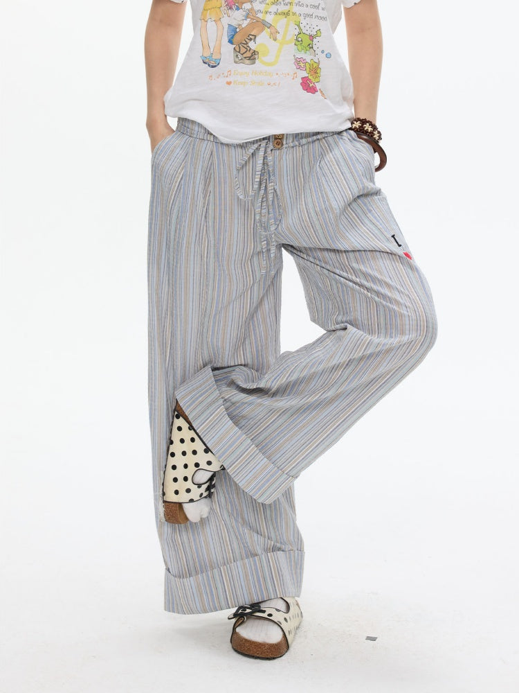 Relaxed Striped Embroidery I Love Kitten Shirt Long Pants【s0000017613】