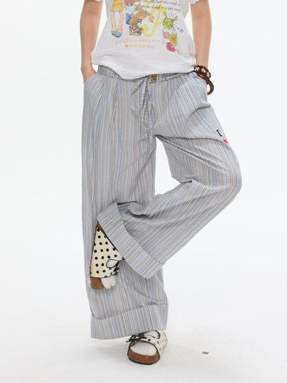 Relaxed Striped Embroidery I Love Kitten Shirt Long Pants【s0000017613】