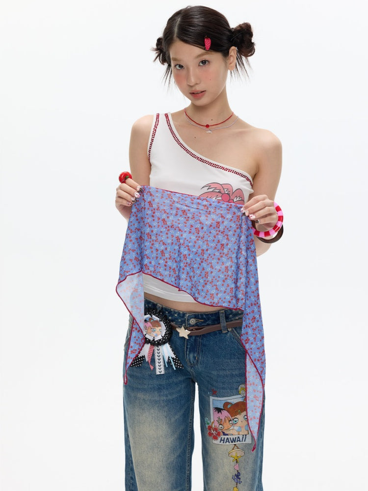 Coconut Tree Dolphin Vacation Silk Scarf Lace-up Shoulder Vest【s0000017614】