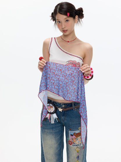 Coconut Tree Dolphin Vacation Silk Scarf Lace-up Shoulder Vest【s0000017614】