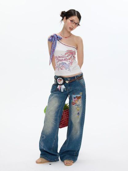 Coconut Tree Dolphin Vacation Silk Scarf Lace-up Shoulder Vest【s0000017614】
