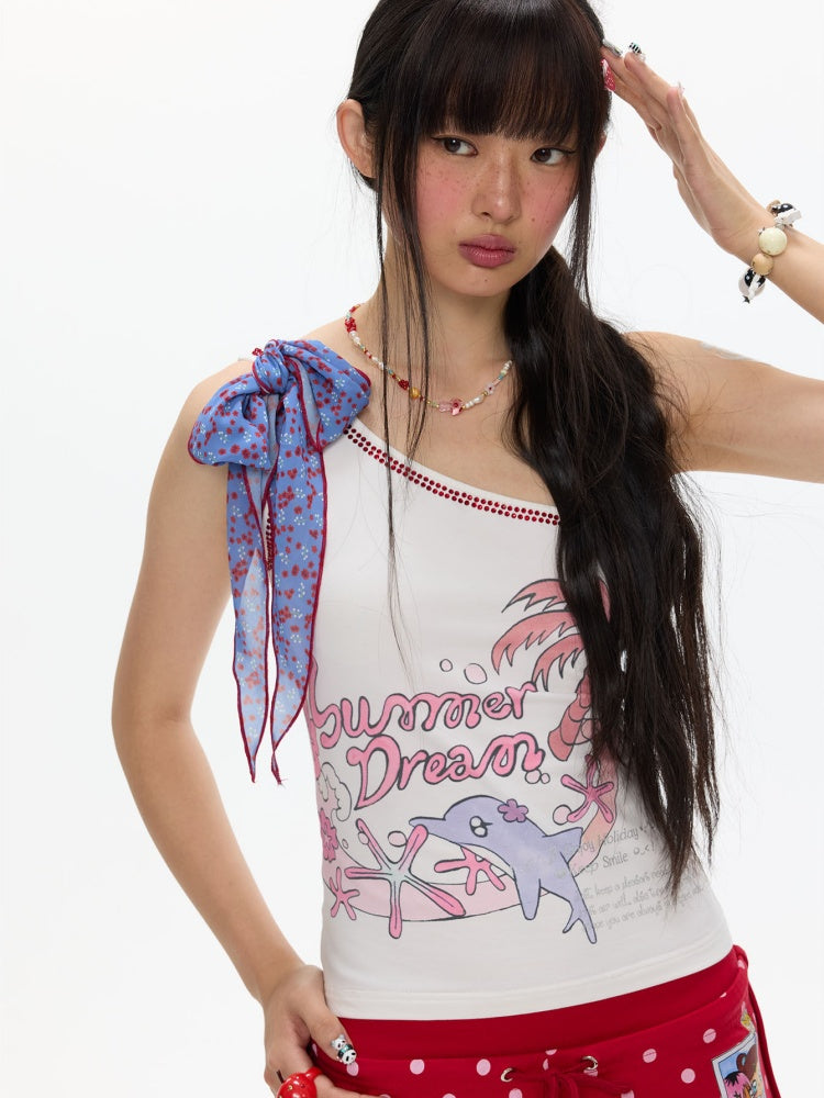 Coconut Tree Dolphin Vacation Silk Scarf Lace-up Shoulder Vest【s0000017614】