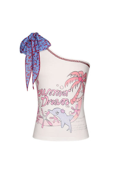 Coconut Tree Dolphin Vacation Silk Scarf Lace-up Shoulder Vest【s0000017614】