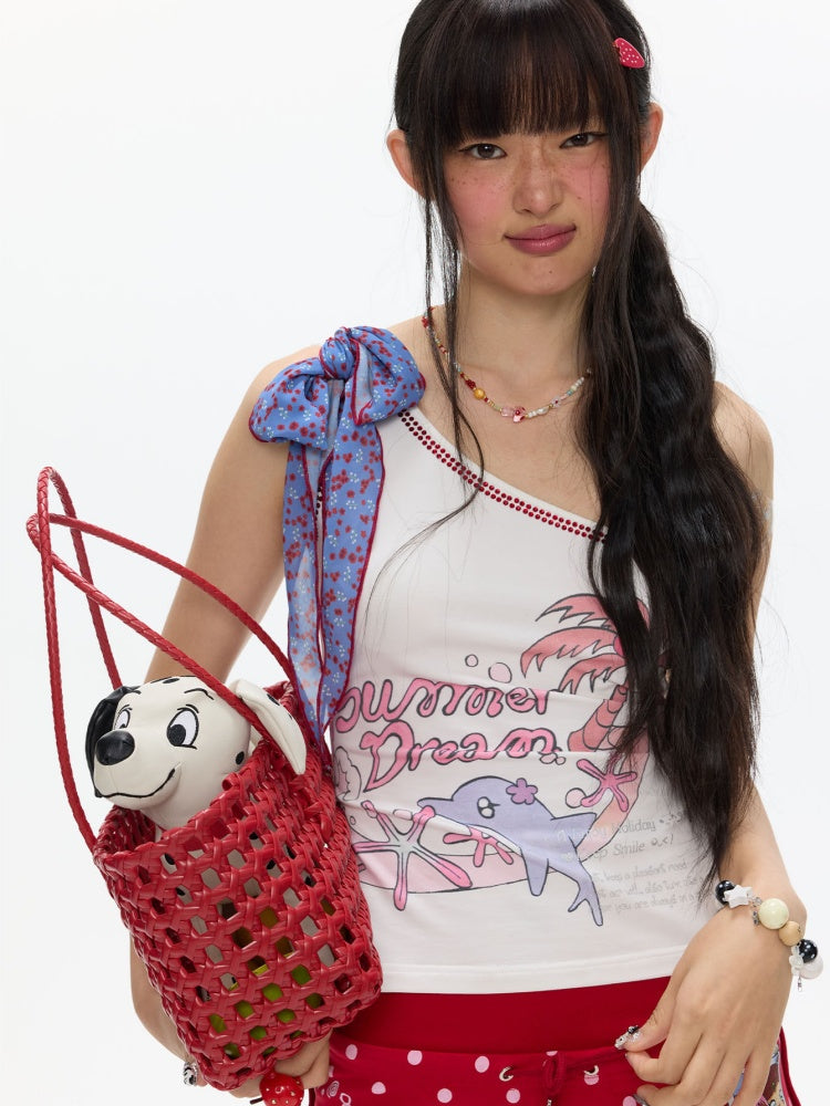 Coconut Tree Dolphin Vacation Silk Scarf Lace-up Shoulder Vest【s0000017614】