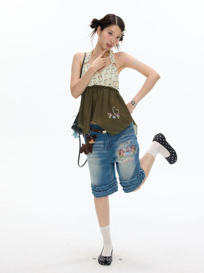 Green Floral Heart Full Print Hanging Neck Chiffon Tops【s0000017615】