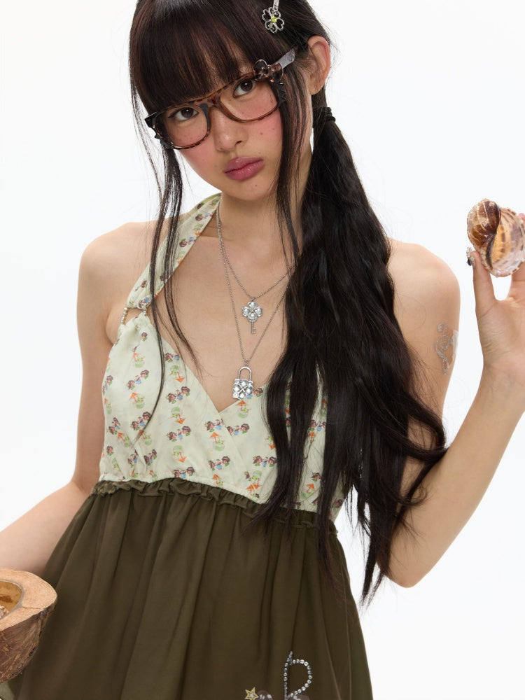 Green Floral Heart Full Print Hanging Neck Chiffon Tops【s0000017615】