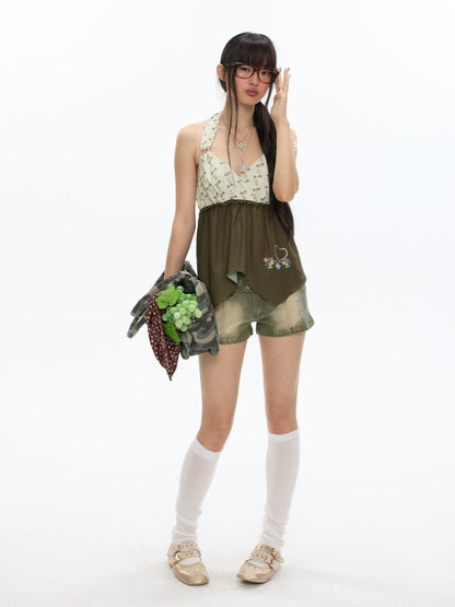 Green Floral Heart Full Print Hanging Neck Chiffon Tops【s0000017615】