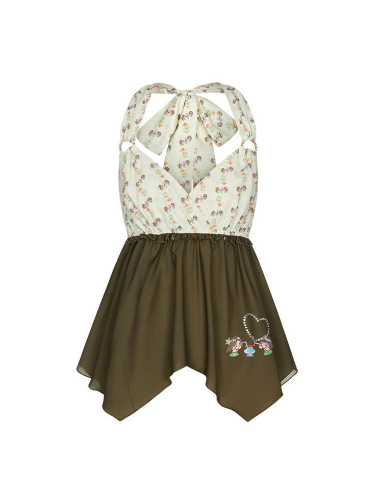 Green Floral Heart Full Print Hanging Neck Chiffon Tops【s0000017615】