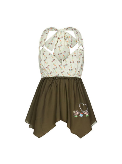 Green Floral Heart Full Print Hanging Neck Chiffon Tops【s0000017615】