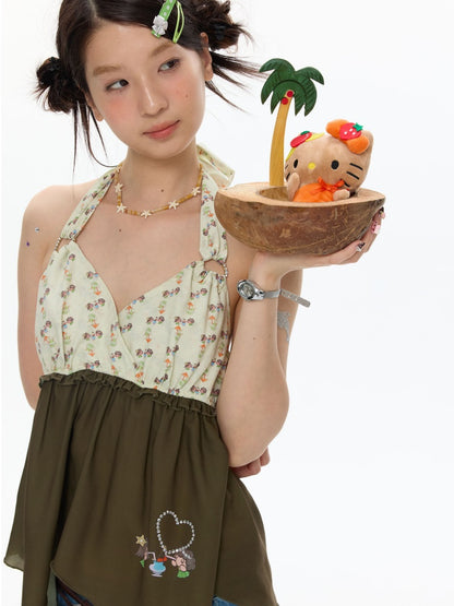 Green Floral Heart Full Print Hanging Neck Chiffon Tops【s0000017615】