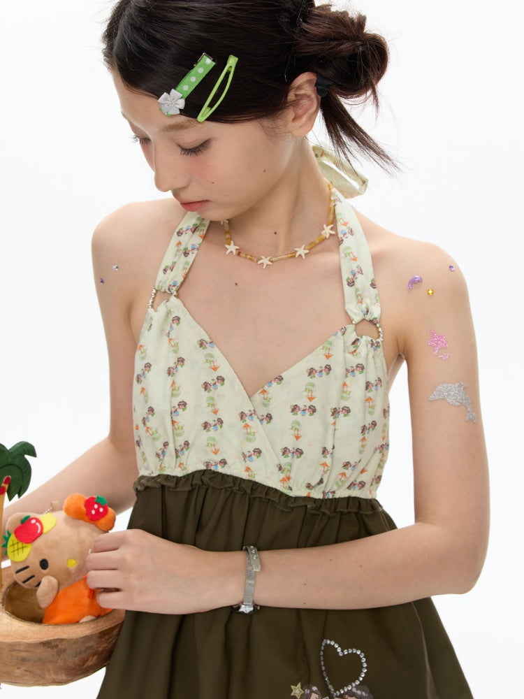 Green Floral Heart Full Print Hanging Neck Chiffon Tops【s0000017615】