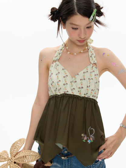Green Floral Heart Full Print Hanging Neck Chiffon Tops【s0000017615】