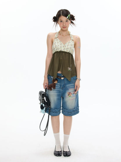 Green Floral Heart Full Print Hanging Neck Chiffon Tops【s0000017615】
