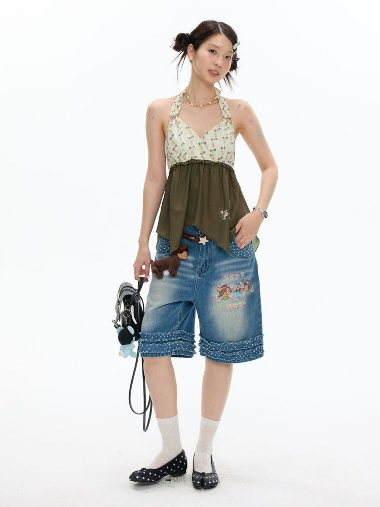 Green Floral Heart Full Print Hanging Neck Chiffon Tops【s0000017615】