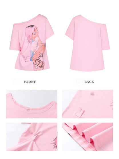 Slanted Shoulder Relaxation Manga Girl's Print Short Sleeve T-Shirt【s0000017616】