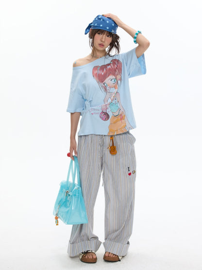 Slanted Shoulder Relaxation Manga Girl's Print Short Sleeve T-Shirt【s0000017616】