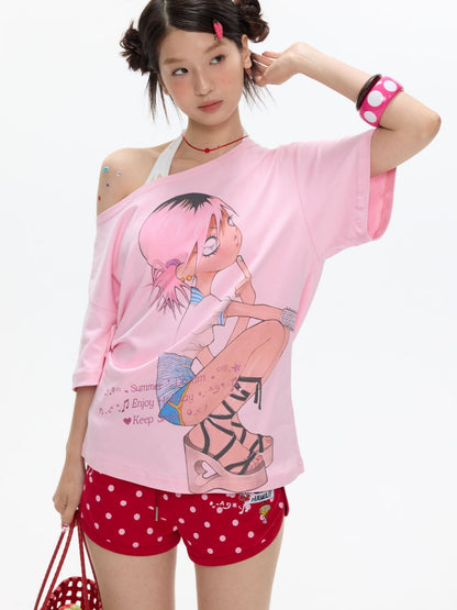 Slanted Shoulder Relaxation Manga Girl's Print Short Sleeve T-Shirt【s0000017616】
