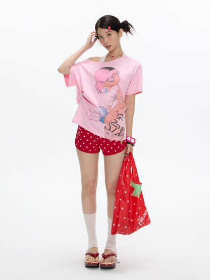 Slanted Shoulder Relaxation Manga Girl's Print Short Sleeve T-Shirt【s0000017616】