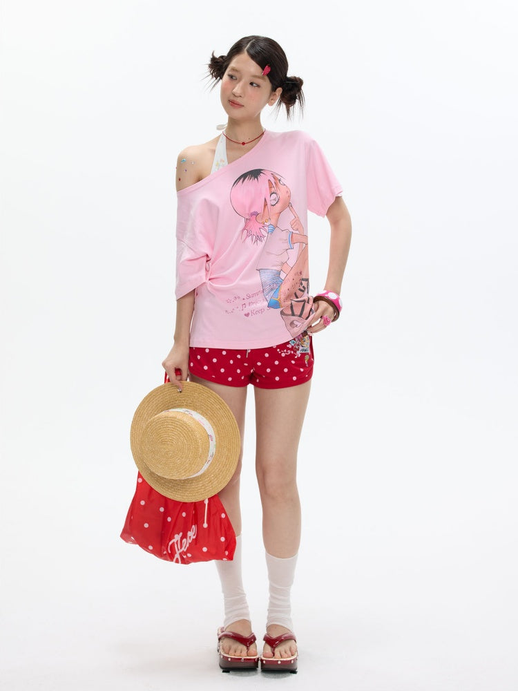 Slanted Shoulder Relaxation Manga Girl's Print Short Sleeve T-Shirt【s0000017616】