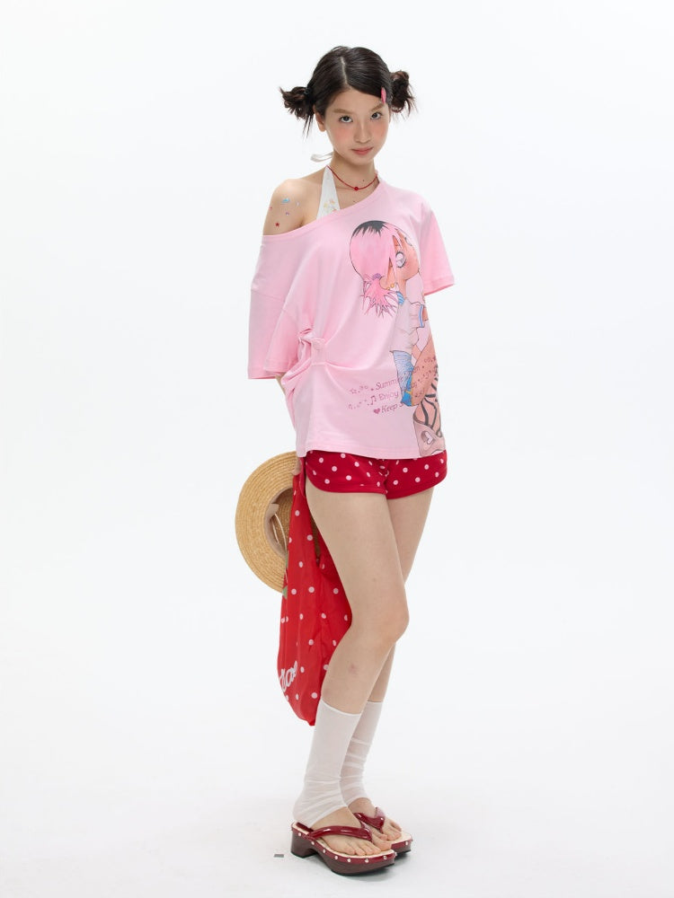 Slanted Shoulder Relaxation Manga Girl's Print Short Sleeve T-Shirt【s0000017616】
