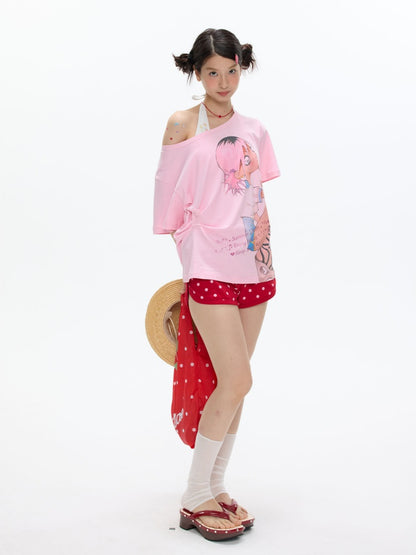 Slanted Shoulder Relaxation Manga Girl's Print Short Sleeve T-Shirt【s0000017616】