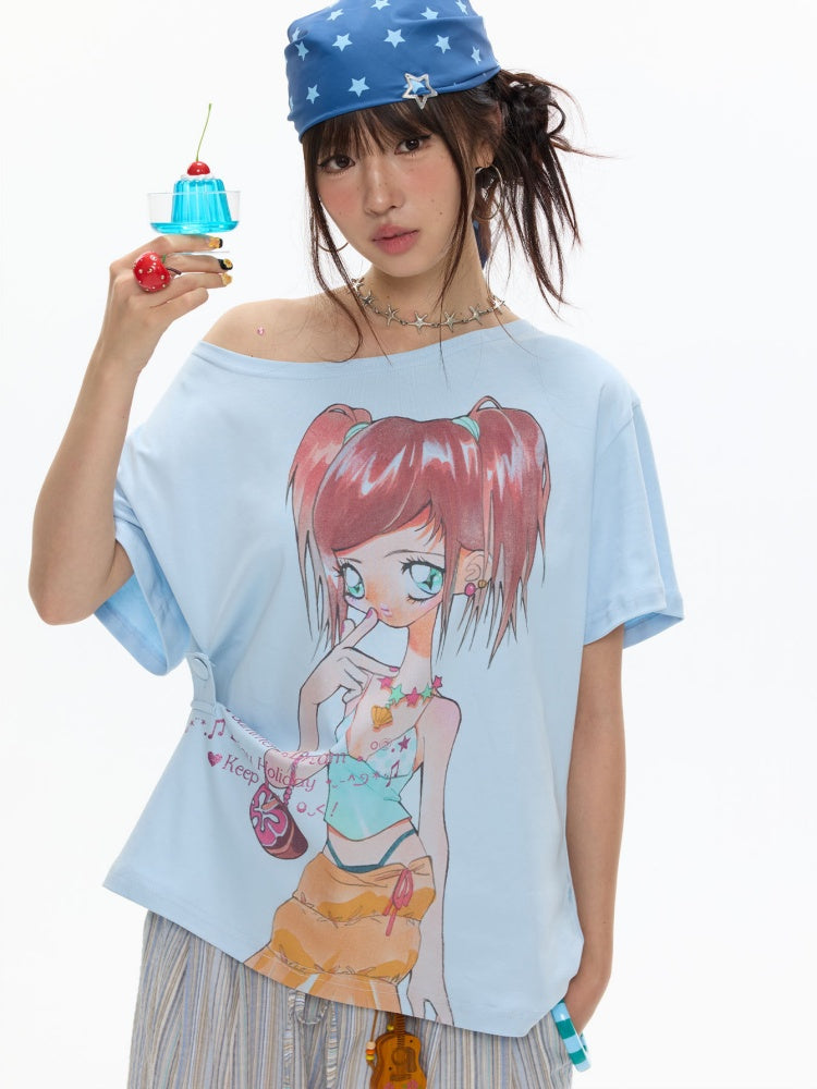 Slanted Shoulder Relaxation Manga Girl's Print Short Sleeve T-Shirt【s0000017616】