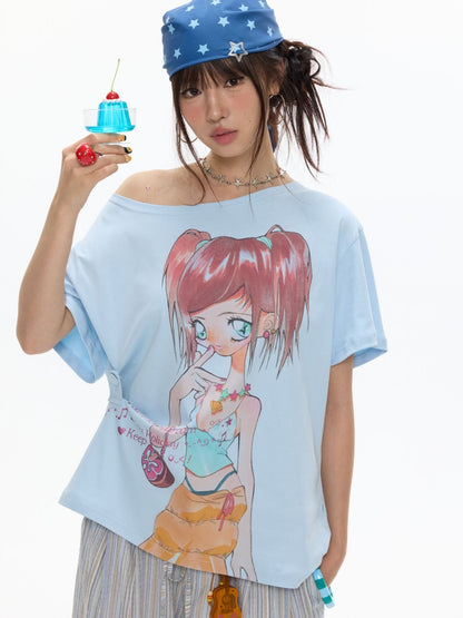 Slanted Shoulder Relaxation Manga Girl's Print Short Sleeve T-Shirt【s0000017616】