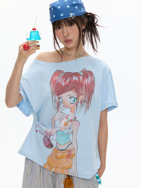 Slanted Shoulder Relaxation Manga Girl's Print Short Sleeve T-Shirt【s0000017616】