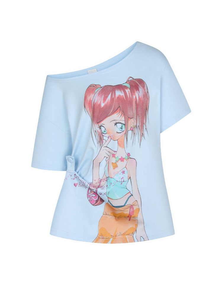 Slanted Shoulder Relaxation Manga Girl's Print Short Sleeve T-Shirt【s0000017616】